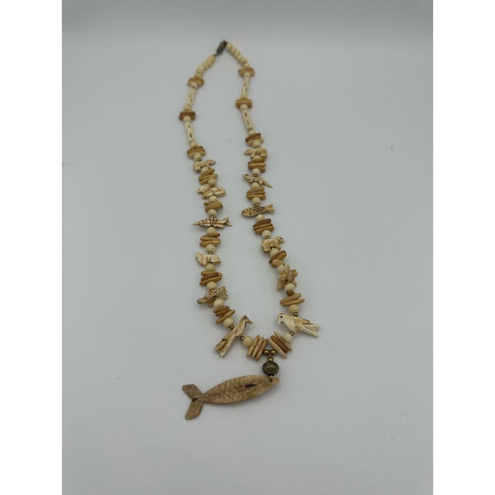 Vintage Navajo Carved Bone Necklace 13" Fish, Bird, Turtle, Bear, Lion